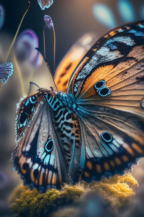 butterfly portrait in fungus garden, hi detail, 4k, clear focus, depth of field, color correction, studio quality, backlight