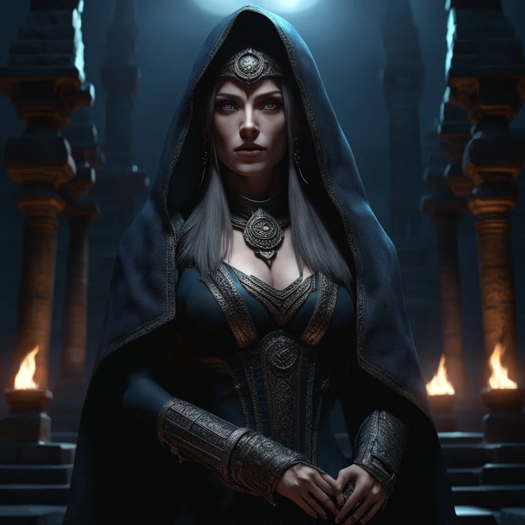 Portrait of a woman mage at night standing in front of a dark ancient temple :: moonlight in the face:: eye_level perspective :: dark :: 3d shading, extreme detail, 4k, ultra hd, mist