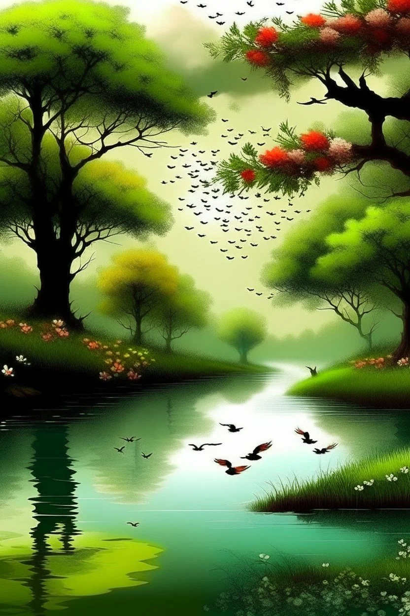 Water channel is running, birds are flying, raining, trees with flower, scene is like haven