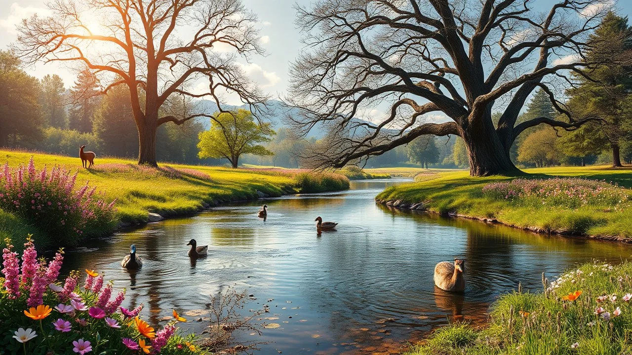 a beautiful river in country side and big tree,wild flowers and ducks and in river few pretty deers,butterflies around flowers,heaven escape