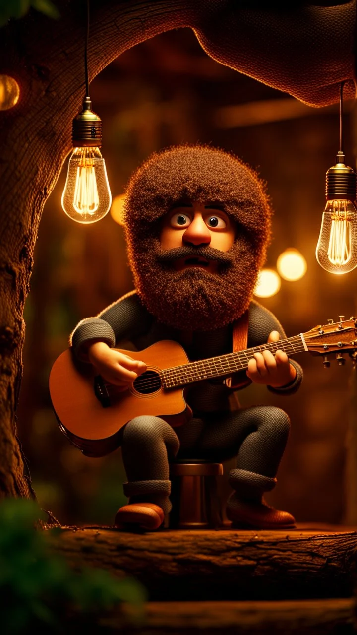 portrait of hairy rock guitar ninja potato living inside a tree house in a hollow huge tree growing light bulbs, singing into ornate studio mic,bokeh like f/0.8, tilt-shift lens 8k, high detail, smooth render, down-light, unreal engine, prize winning