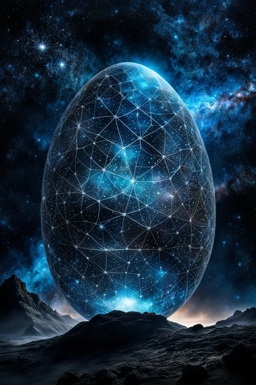 in big cystal egg form shiny stars, nebulas in dark night, around the universe with cosmic web lines, etheral, mystic, high quality, perfect composition, stunning, cinematic meticulously detailed sharp focus, ethereal fantasy hyperdetailed mist intricate details, beautifully shot, sharp focus, 64 megapixels, perfect composition, high contrast, cinematic, atmospheric, moody