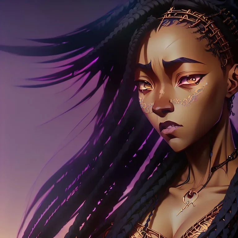 Beautiful Black woman with long braids, Anime Key Visual, Deep Color, Intricate, 8k resolution concept art, Natural Lighting, Beautiful Composition head and shoulders portrait, 8k resolution concept art portrait by Kentaro Miura, Alphonse Mucha dynamic lighting hyperdetailed intricately detailed Splash art