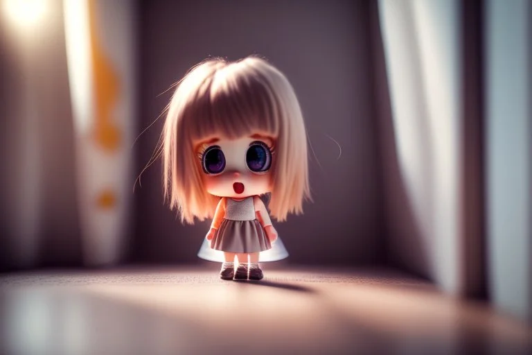 cute chibi girl on a room scale, looking at it with a terrified expression, in sunshine, ethereal, cinematic postprocessing, dof, bokeh