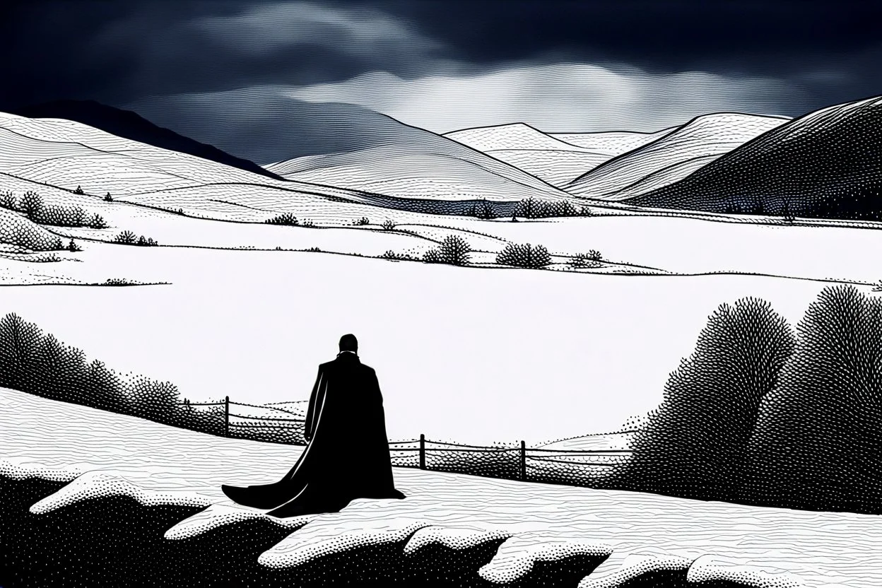 in the distance side a wiev a figure in dark clothes and long black leather coat lies on his back in the snow and looks the sky in a winter landscape, alone, white snow, high contrast, cold, winter, mountains, white, blue, gray and black colors, cinematic, atmospheric, dark, gloomy, best shot