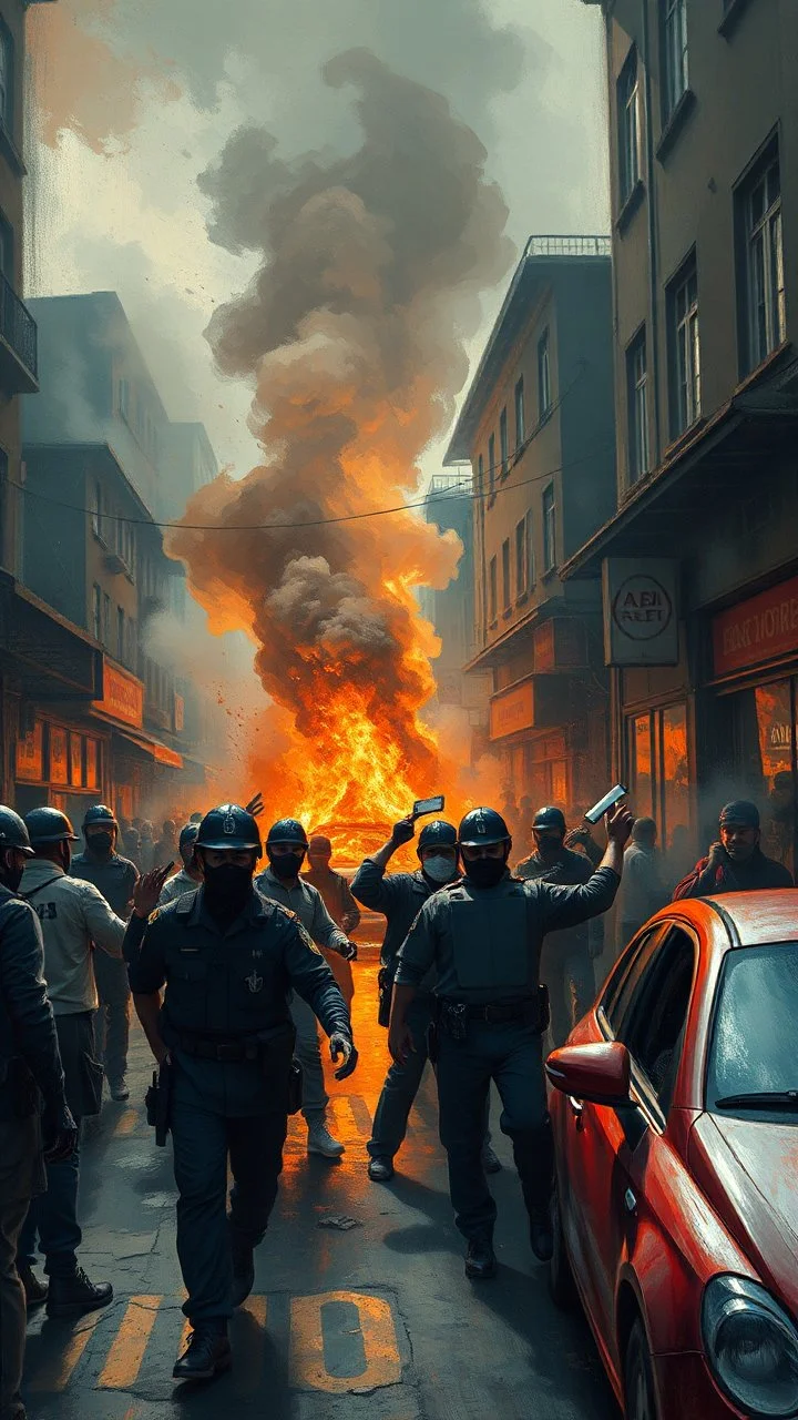 Bosh painting style nightmare, A riot broke up in the streets , masked people are fighting with police . Smoke and fires in the store and burning cars