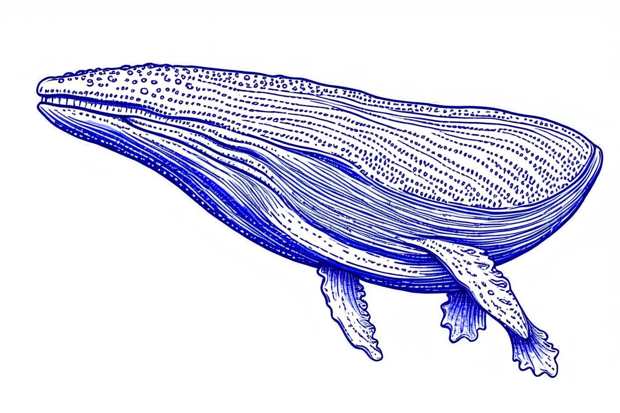 a drawing of a whale in acrylic paint marker style. Blue whale, white background.