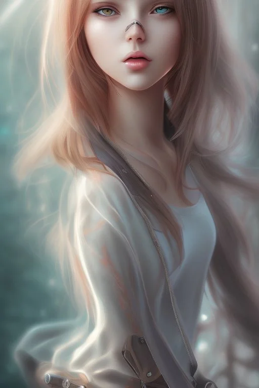 Realistic misterious Anime girl close and personal in warm abstract background