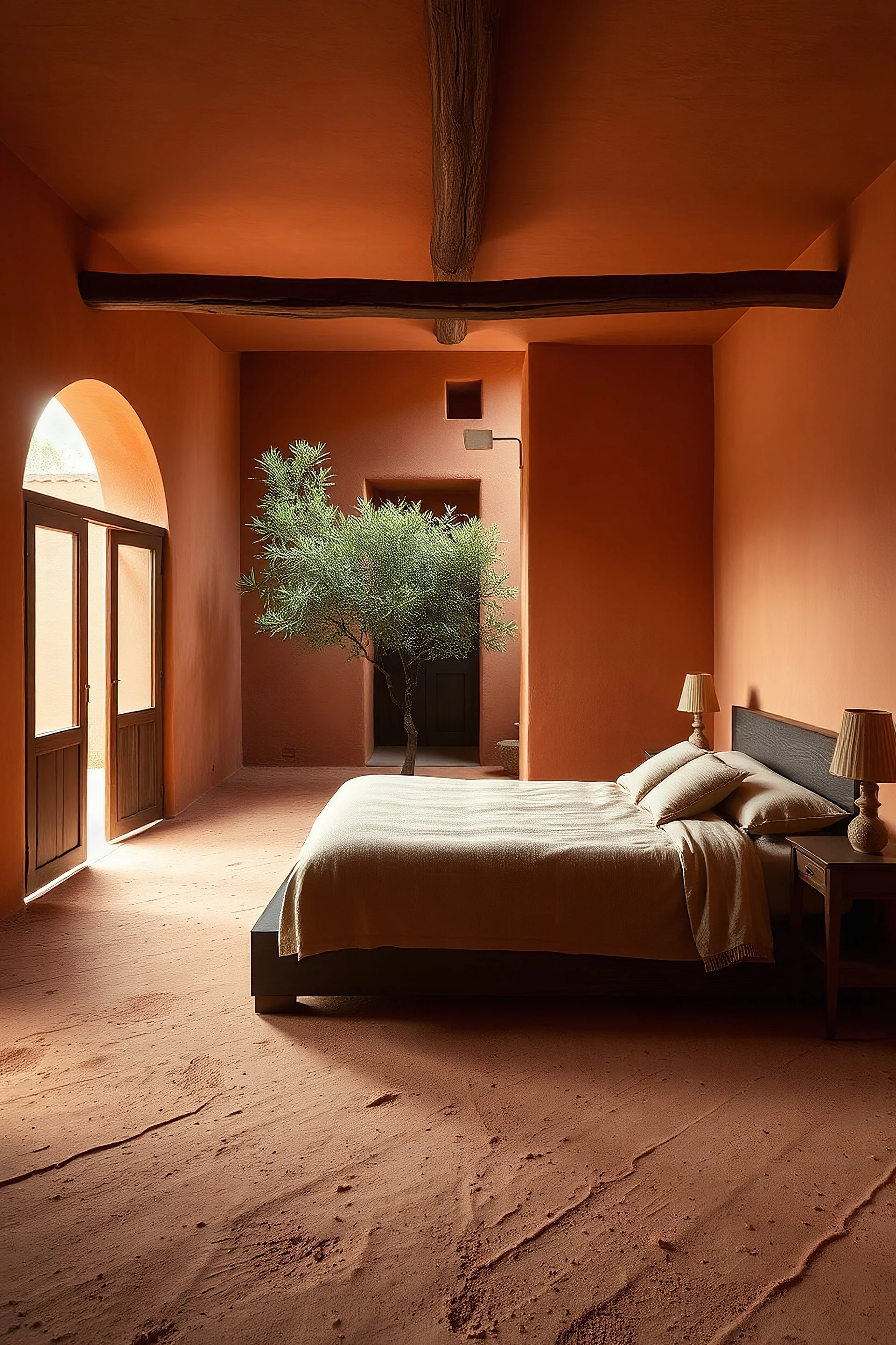 habitacion de una recamara rural en tonos terracota, con caracteristicas de una finca mexicana, piso de barro y carpinteria minimalista, orientada hacia la fachada, con un estilo fino y minimalista caracteristicas del arquitecto mexicano hector barroso