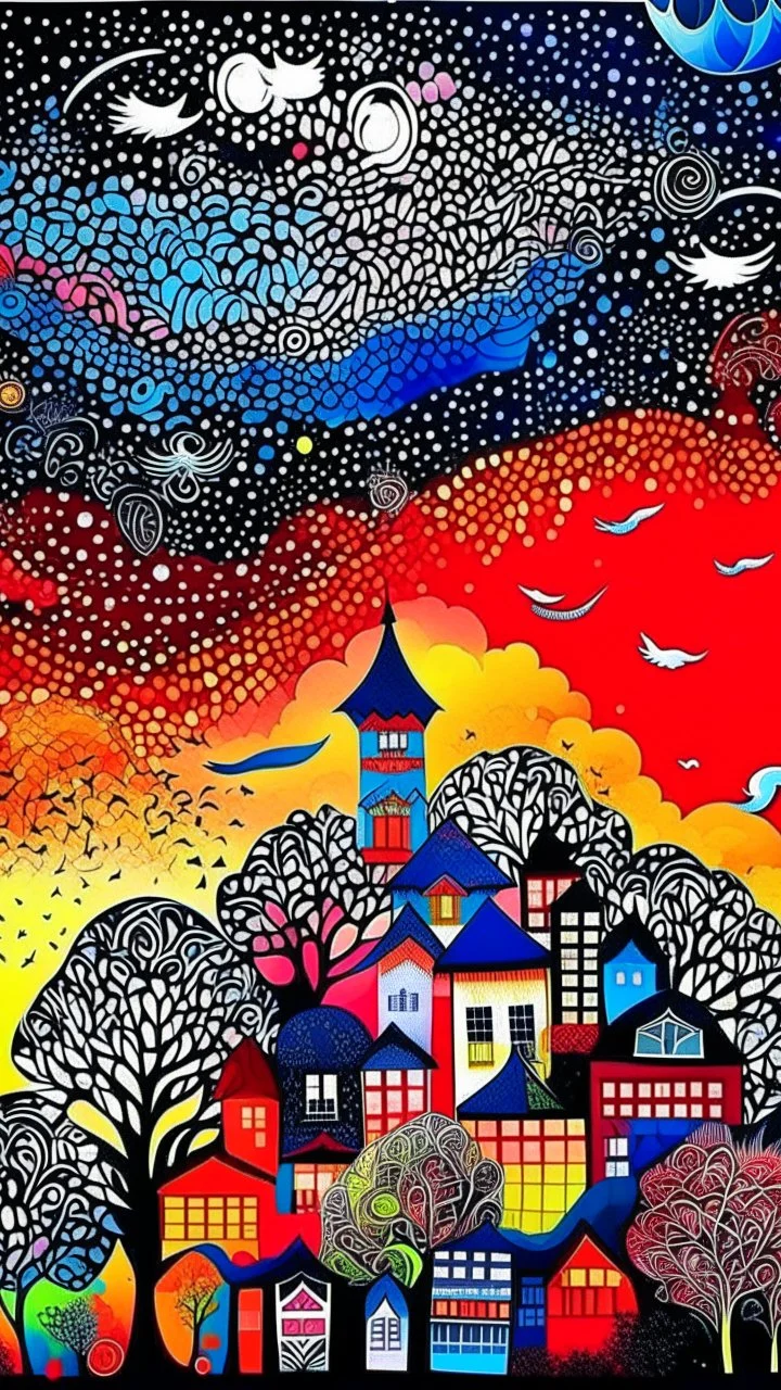 "Midnight Serenade unique" low view angle shot down rainbow sky , large close up a beautiful red house , with birds in the sky ,granite terrazzo motifs with puzzle modern , clothing is decorated with colorful filigree abstract, Collage chutes papiers magazines,Spirograph background by Nisa Kiley, Textile Artist،