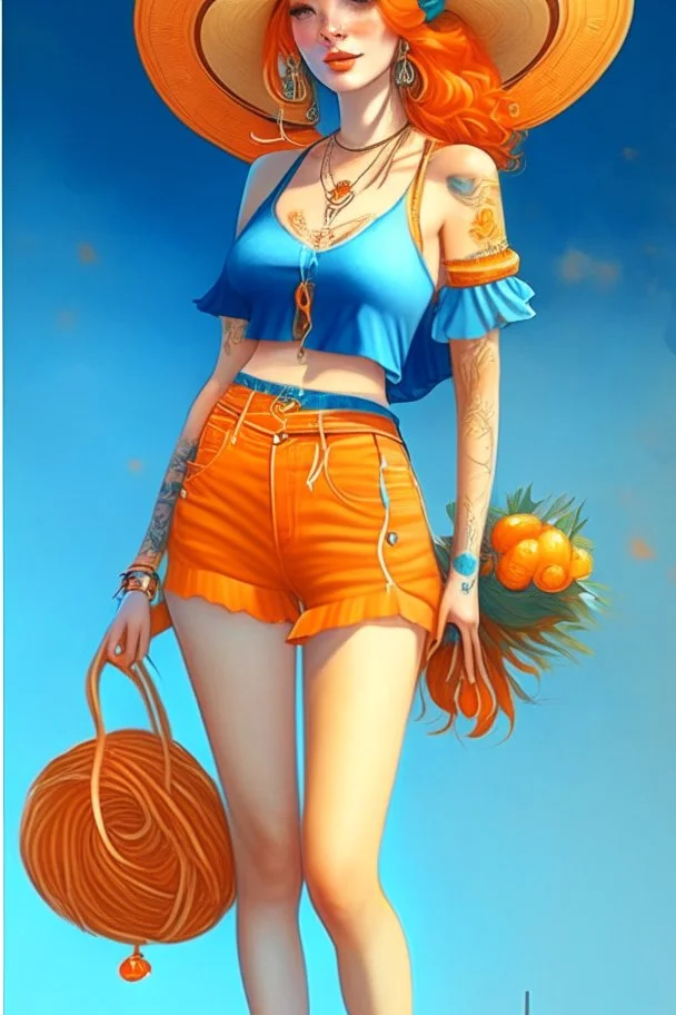 Full body of beautiful girl nami, Hair Color: Orange, Style: Wavy, Outfit Top: Blue, Outfit Bottom: Orange, Shoes: Brown, Accessories: Tangerine, Weapon: Clima-Tact, Hat: Straw, Tattoo: Pinwheel, Earrings: Hoops, sophisticated,, beautiful woman, hyper realistic, hyperrealism, photoreal, realistic, photorealistic, soft pastels, full-body, standing, long shot, wide angle, aesthetic