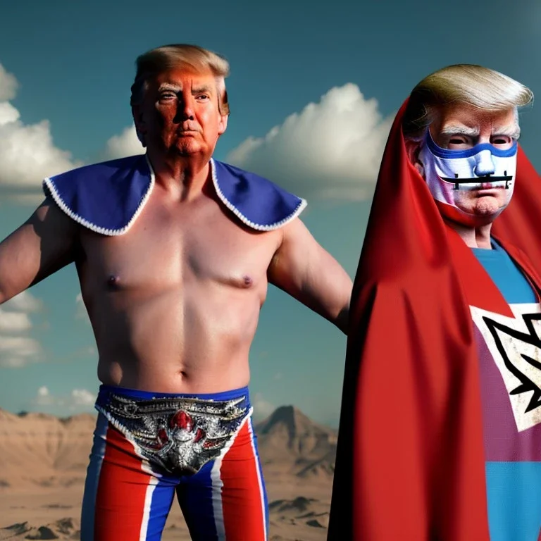 realistic image of donald trump as a mexican wrestling fighter posing outdoors, Mexican eyes wrestling mask, red and blue breeches, confederate flag cape, naked torso, retro style, 80s, vibrant color, highly detailed, sky background, concept art, unreal engine 5, god rays, ray tracing, RTX, lumen lighting, ultra detail, volumetric lighting, 3d, finely drawn, high definition, high resolution.