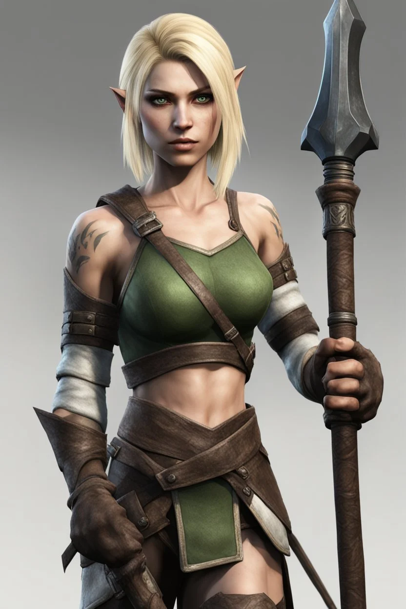 A female bosmer barbarian from Skyrim with dark brown eyes, blonde, short hair, holding orcish maul in hands, in the style of Tite Kubo's Bleach