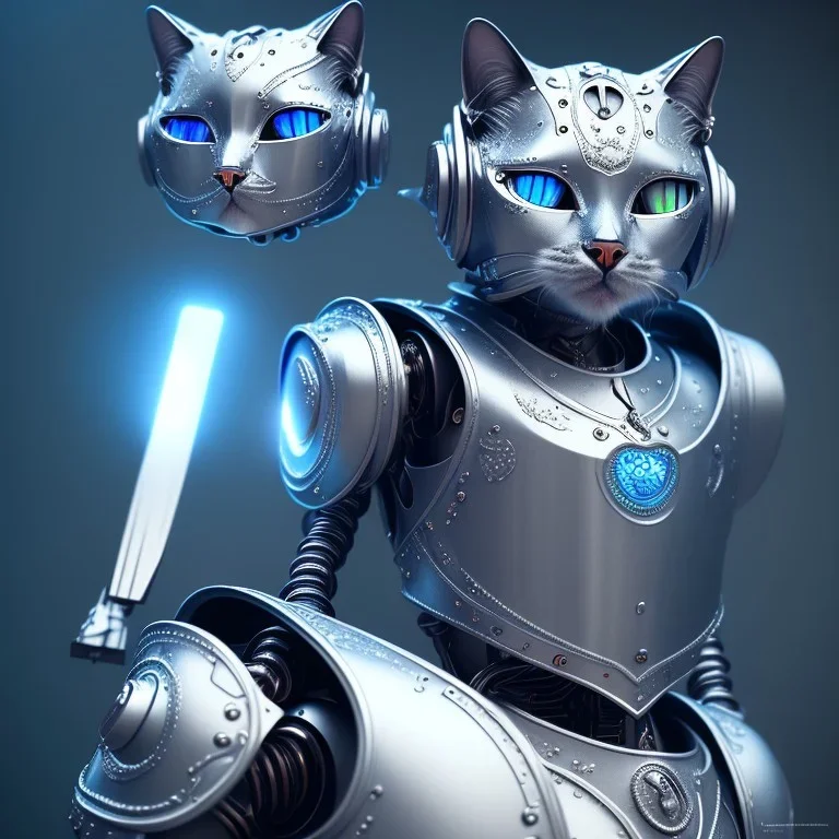 a cat-like robot with blue eyes wearing a medieval armor, high detail, photo, 8k, ray-tracing