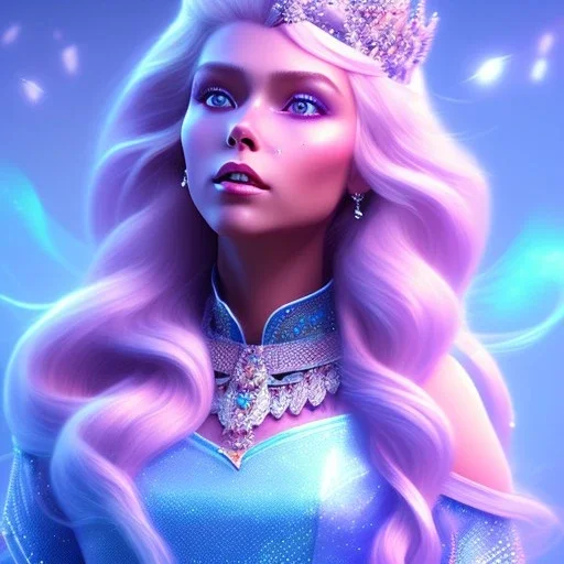 A portrait of a full body crystalised blue pink queen,smiling face, blue eyes, long blond hair, atmospheric, realistic, unreal engine, lighting