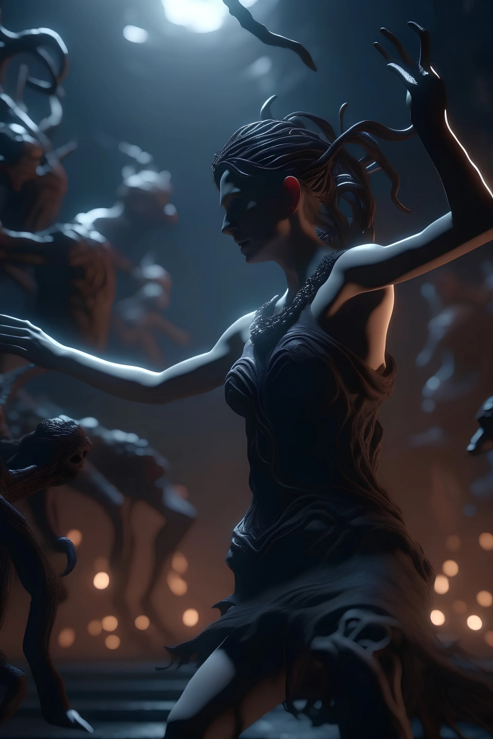 close up of dancing woman, dark creatures around, surrealism, intricate environment, dark atmosphere, 8k octane rendered, unreal engine 5, high contrast, high resolution, cinematic lights, masterpiece, 3d