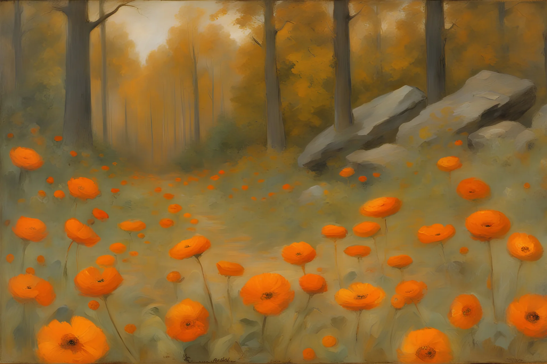 Cloudy day, orange flowers, rocks, forest, gothic horror influence, disturbing, people, mistery, friedrich eckenfelder and alfred stevens impressionism paintings