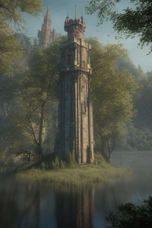 Fantasy three-story Gothic Tower, With A Side Building, On An Island, In A Lake, In Woodland, With A Flying Boat Overhead