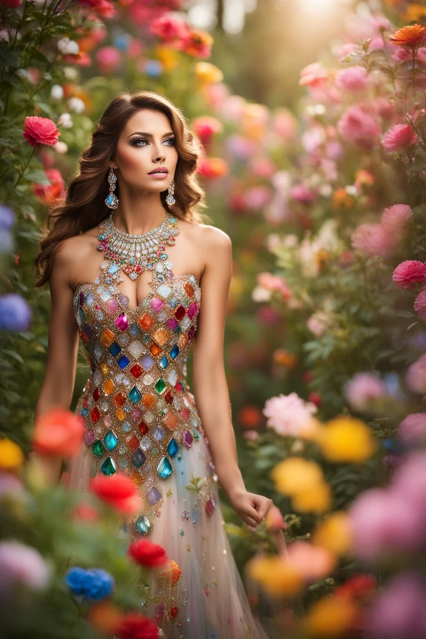 Photograph Beautiful woman wearing dress made of colors diamonds shapire and jewels in a flowergarden