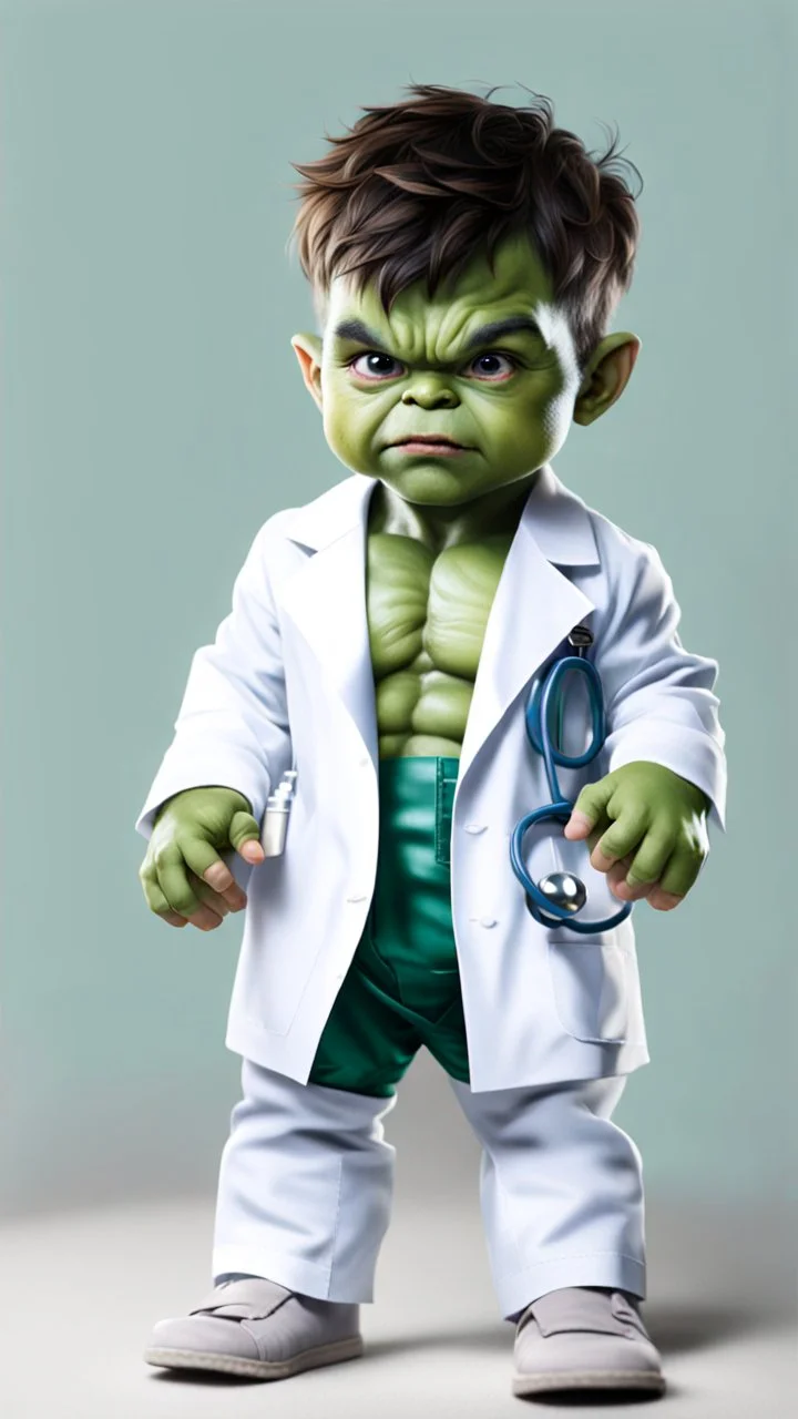 Little baby hulk, full portrait looking at the camera realistically, dressed as a doctor,