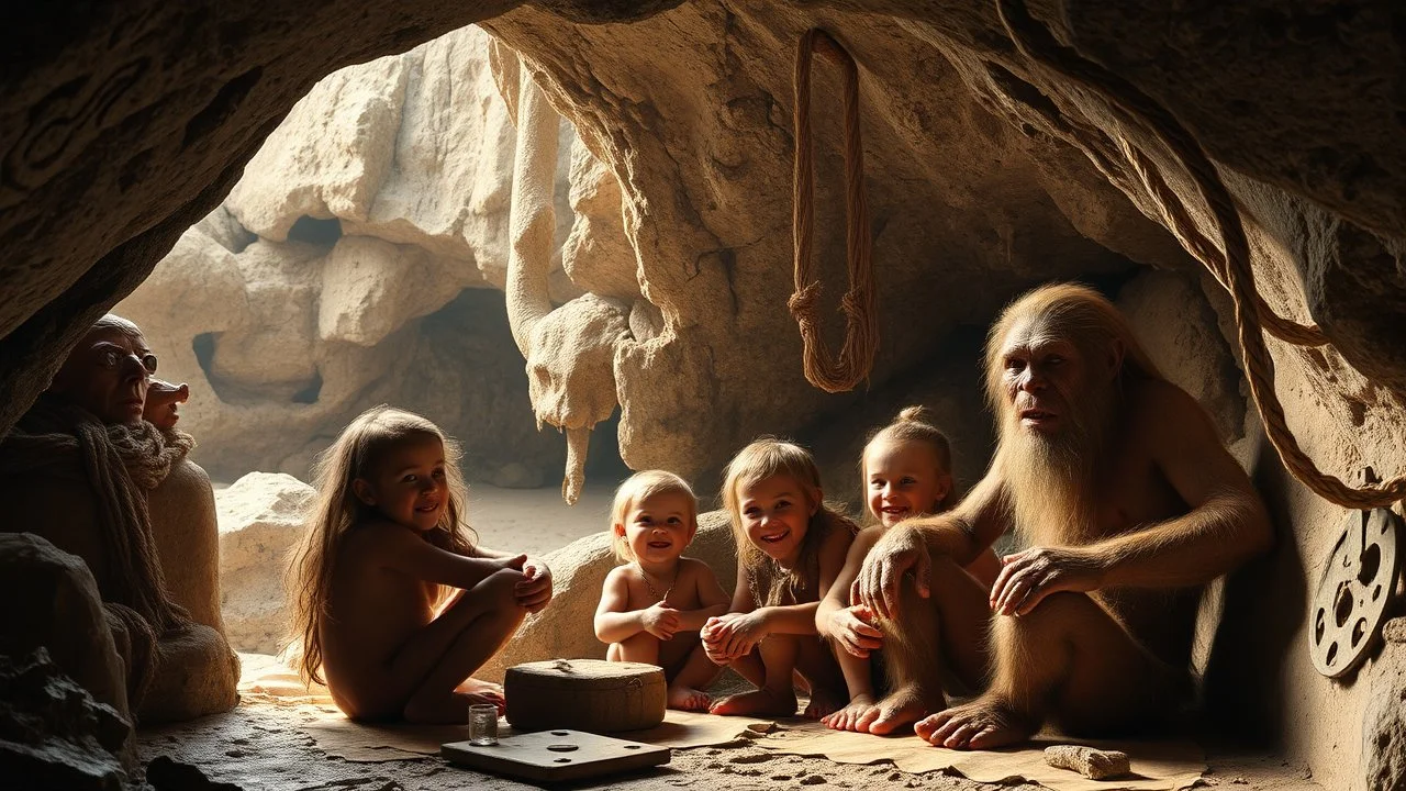 Neanderthal family living in a luxurious cave, stone age technology, happy children, animal skin clothing, colour photograph