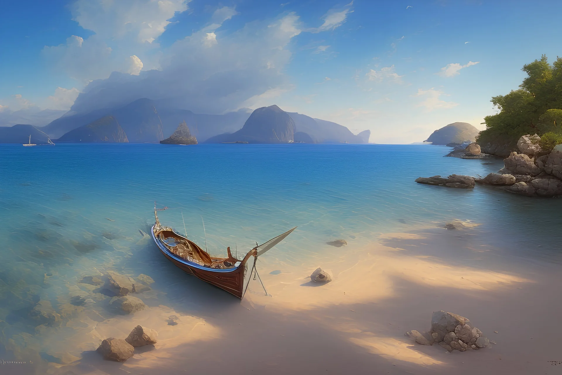Peder Monk Monsted style, Croatia, Trstenik beach, blue sky
