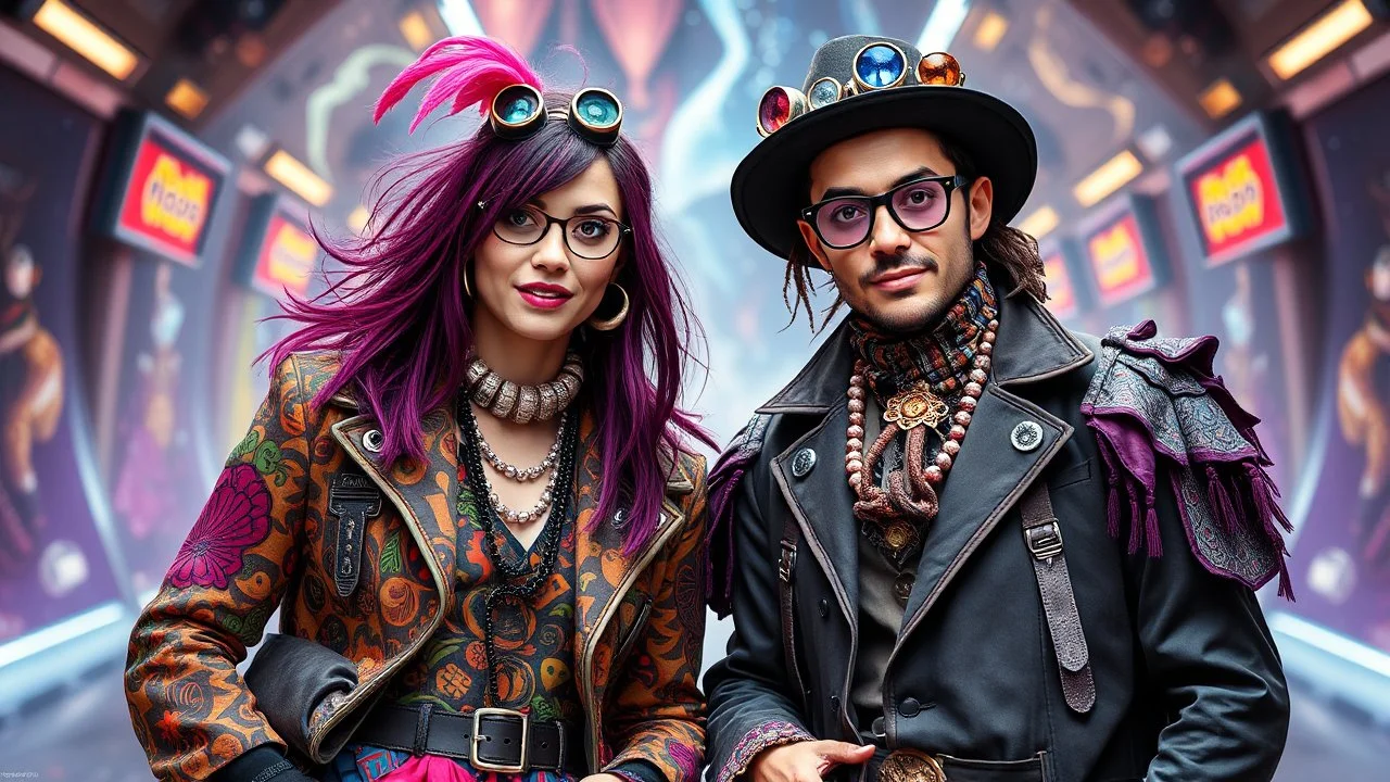 Two friendly people wearing strange wildly bizarre beautiful extreme fashionable clothing in a parallel universe. Eccentric fantasy, fun, outrageous delight.