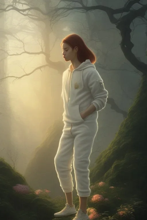 neanderthal portrait , white jogging suite, at dawn by atey ghailan, golden light , holding leaves and flowers , angels background, volumetric light, high detail, dark leaf tree, dark mountains in background, perfect