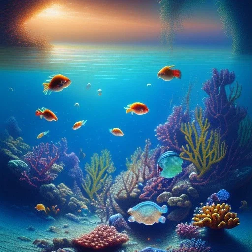 serene underwater scene, coral, fish, rocks, oil painting, by renoirm, pastel colors, masterpiece, intricate, cinematic lighting