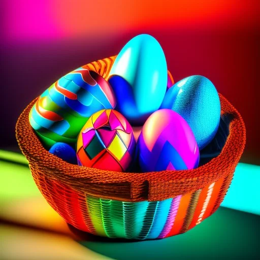 digital photograph of off-center modern basket colorful Easter eggs. eggs display intricate textures in azure, emerald, blush,red, crimson,gold, sapphire,metallic cinematic HDR backlighting highlights subtle dimples and glossy reflections, with shallow depth of field softening the sunlit background. hyperrealistic 8k resolution,