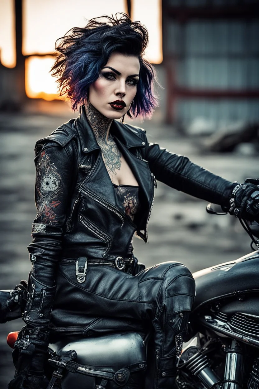 tattooed vampire girl showing fangs with short cropped curly cyberpunk hair in motorcycle leathers in an abandoned steel refinery at dusk