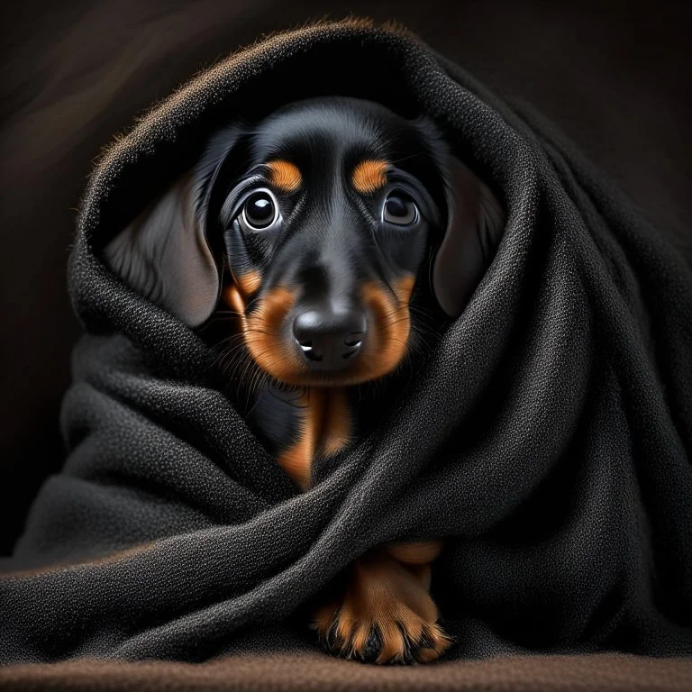 Disney style picture of a black and tan short hair dachshund puppy of 7 months. wrapped up in a blanket, more black than tan