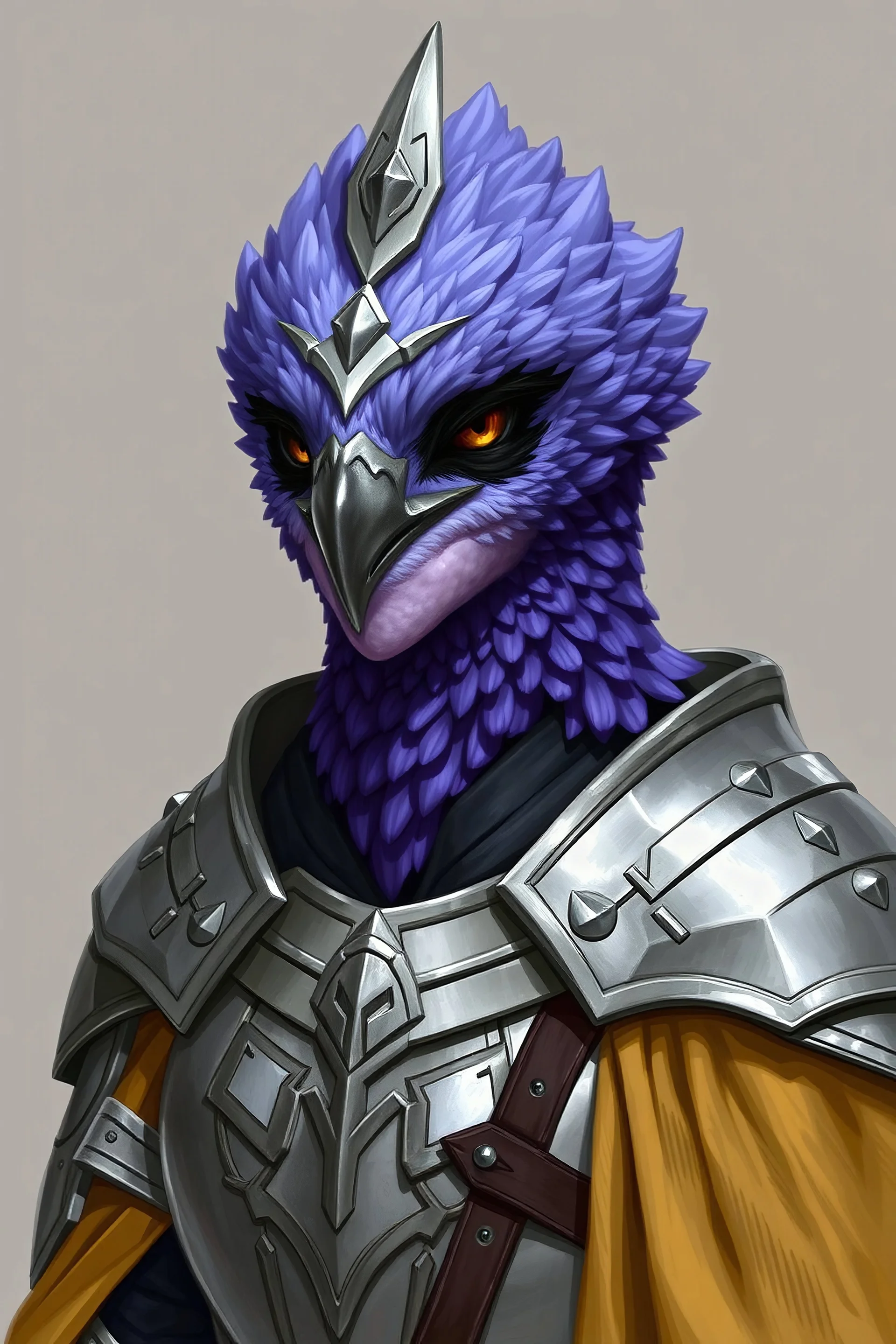 Portrait of an aarakocra in typical d&d book artstyle. This particular aarakocra is a queen in a star wars based sci fi society. She is wearing ceremonial armor similar in design to the ceremonial armor from Star Wars: the Old Republic, but silver. She has purple feathers with black around the eyes - similar to a blue jay's. She wears a regal expression.