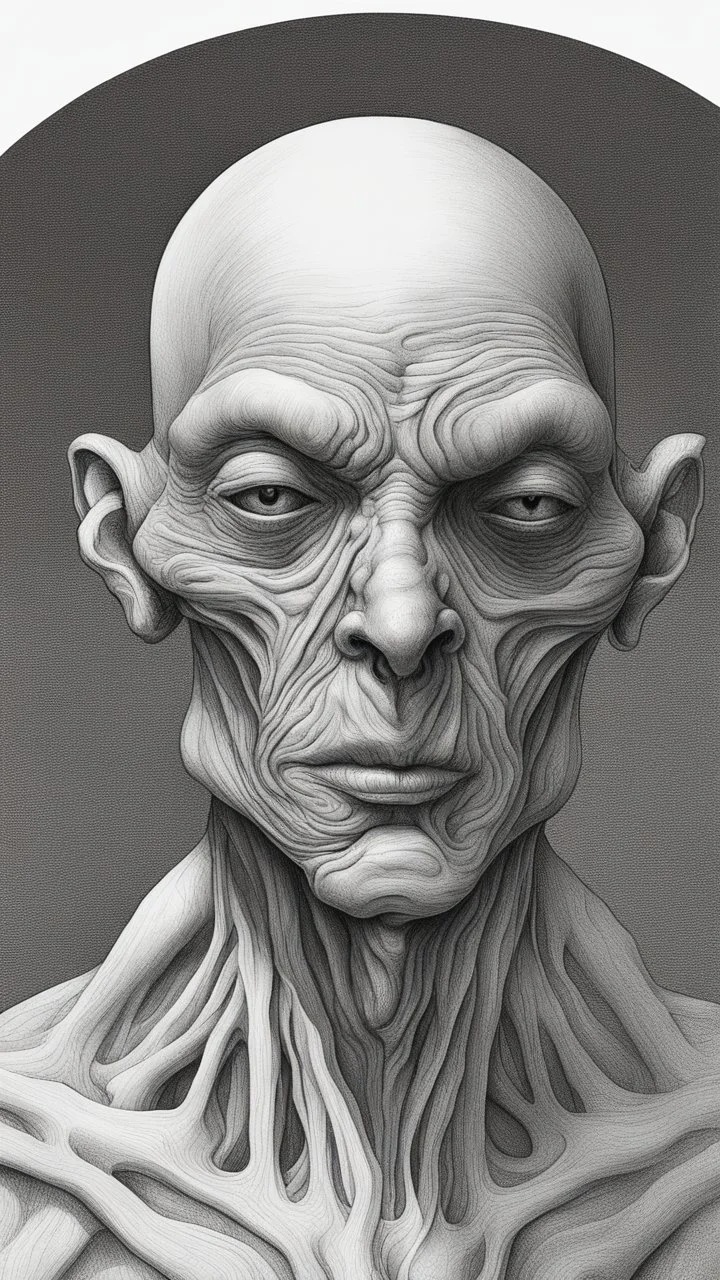 𝙋𝙧𝙤𝙢𝙥𝙩 highly detailed graphite illustration, A surreal alien figure with exaggerated anatomical features, heavily wrinkled skin, and an intense, contemplative expression. bald head, thick eyebrows, long beard merge into swirling abstract shapes. Large, expressive hands, one covering the mouth and the other gripping the forehead tensely. Mysterious, introspective, dreamlike, somewhat dark fantasy. #𝙙𝙧𝙚art #prompt