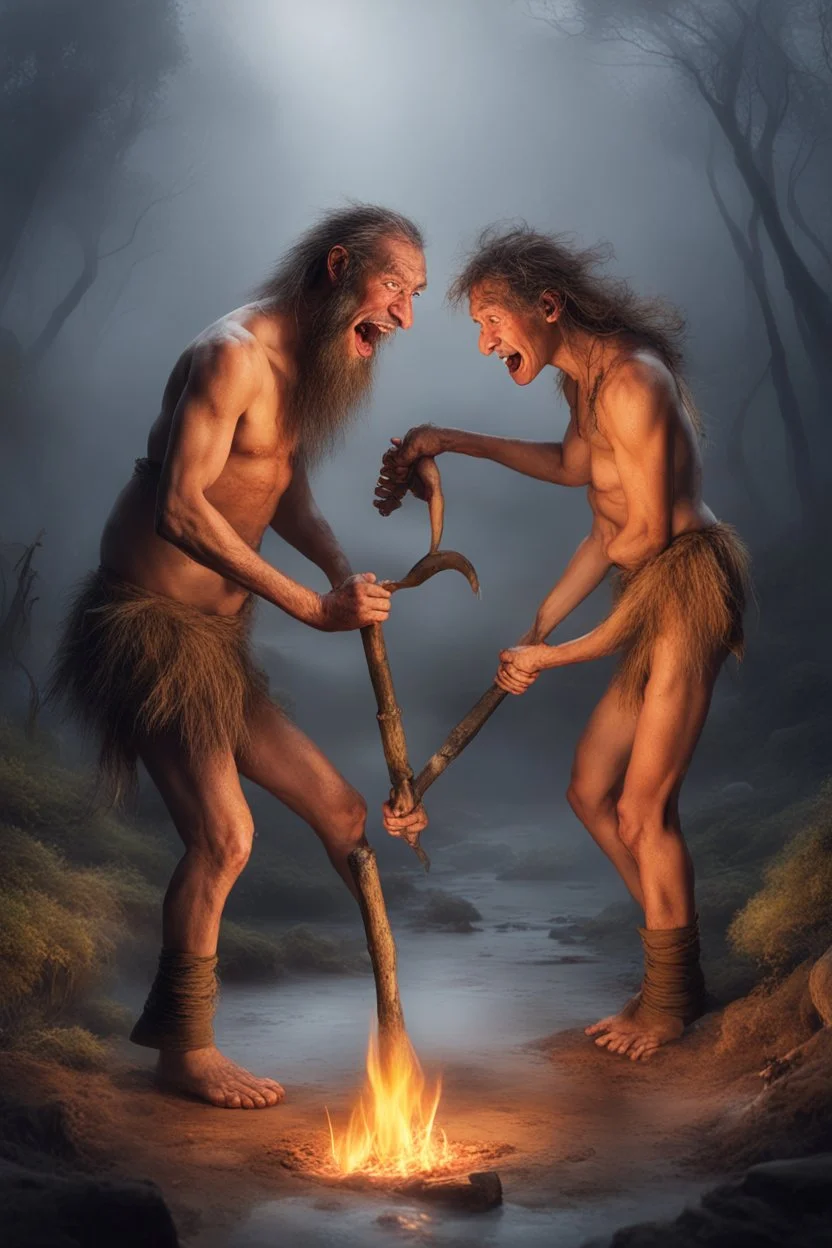 Create an image of two prehistoric human characters in an early Stone Age setting, surrounded by a dusky, misty environment suggestive of early morning. One character is bending over, inadvertently creating a stream of fire from their posterior, a humorous play on the discovery of fire. The other character, standing upright, is holding a primitive tool and laughing heartily at the scene. Both are wearing rough animal fur clothing. The scene is lighthearted, capturing a comedic moment between tw