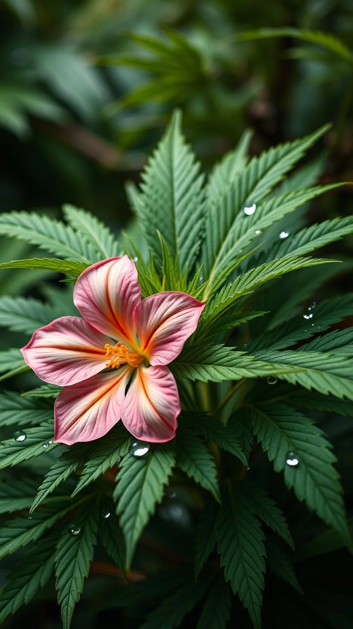 create a plant Marijuana and focus on a group of leaves, with big flower, they have some water drops but no too exagerated, make the photo nearer and the water frops bigger, the background is like in a jungle