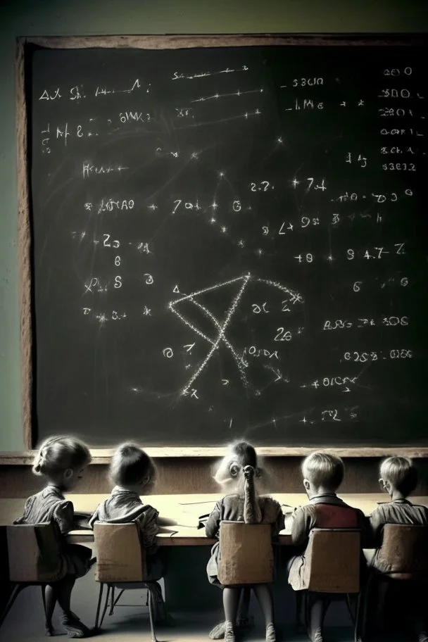Subatomic particles writing equations on a chalkboard, while educating human children sitting at desks