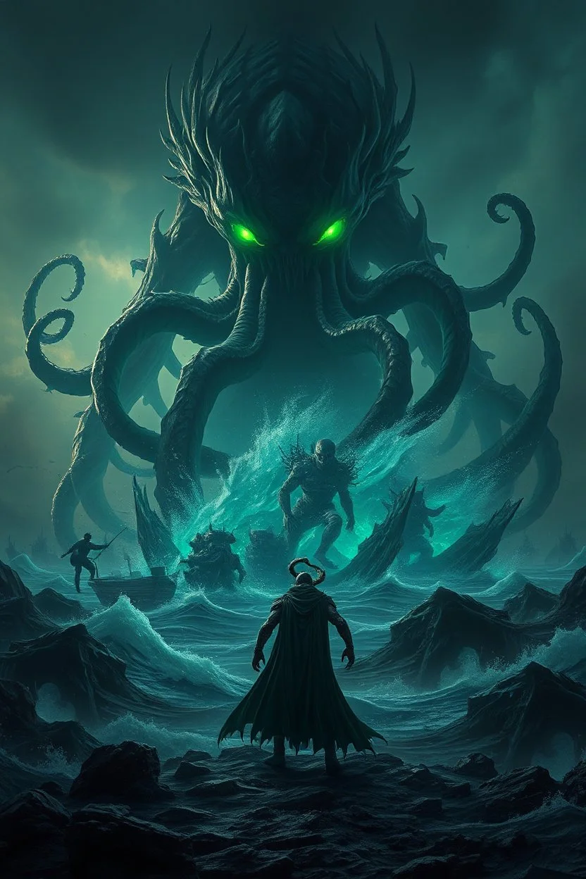 Create image depicts a dark, bdystopian landscape engulfed by a colossal, entity rising from a chaotic sea. The massive creature, with glowing green eyes and numerous tentacles, looms menacingly over the scene, creating an apocalyptic atmosphere. Its many sharp claws and writhing tendrils emerge from the ocean, symbolizing unstoppable destruction. In the foreground, a humanoid figure stands defiantly amidst the chaos, appearing to battle the monstrous force. This figure is clad in alie