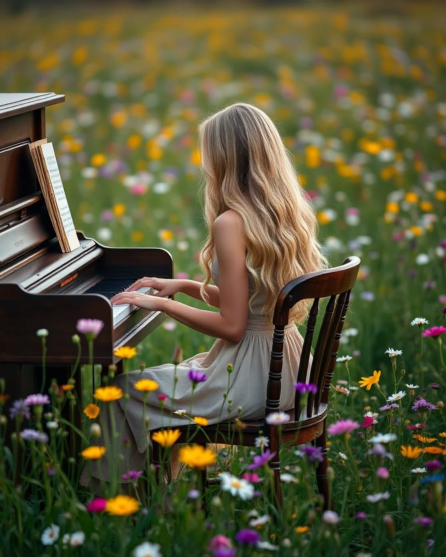 Beautiful blond adorned sit on chair wood and playing piano in Realistic photography of a field of wildflowers, soft natural lighting, vibrant colors, intricate details,peaceful and serene atmosphere.