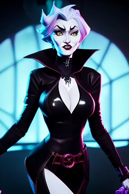 cruella deville dressed in shiny black leather, frank miller sin city, busty, cleavage, volumetric lighting, particales,highly detailed,cinematic, deep colours,8