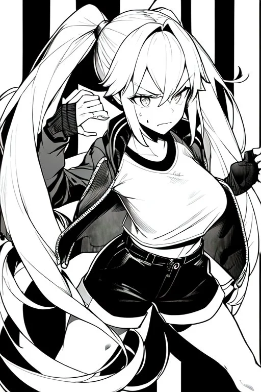 blonde girl with ponytails dressed in a jacket and shorts walks angry, greyscale