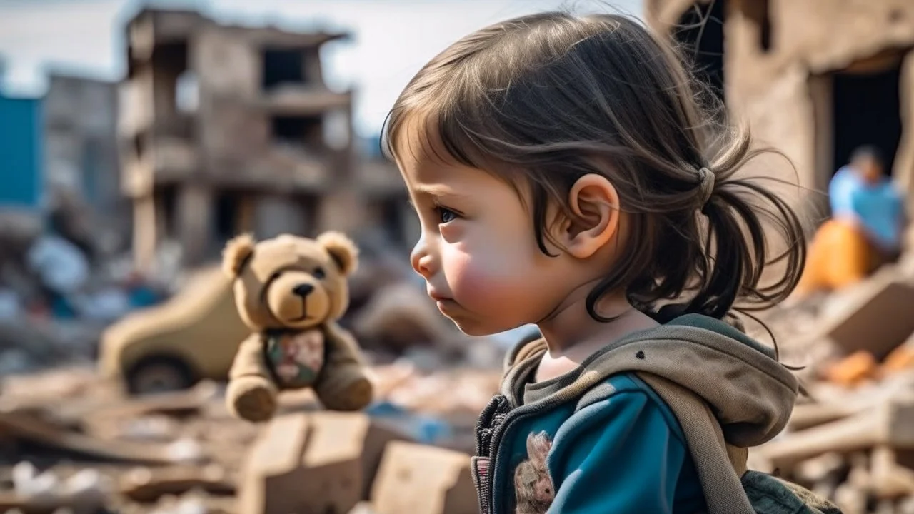 side view to palestinian little girl looking at face to face her toy with tears and Destroyed buildings in the background