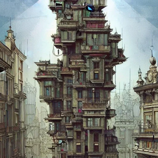 A whole city in a towe+modular house+house over house"+Beaux Arts architecture+palladio+detailed facades biopunk+Bueno Aires+turin+trieste+ +Book illustration by Gediminas Pranckevičius, Jean Baptiste Monge, Brian Kesinger, Anton fadeev, Kilian Eng, strong lines, high contrast vibrant colors, highly detailed, 16k resolution, trending on behance