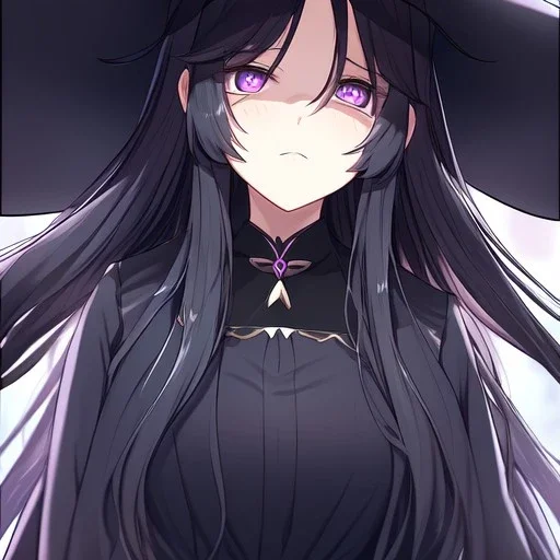 Clear focus,8k,Beatiful Lighting,Beatiful Blur,Beatiful Face,Beatiful Shading,Black long hair,silky hair, long silky bangs, Purple eyes, wearing a witch outfit, extreme close up, Hair in eyes, lot of hair, Cute anime girl eyes