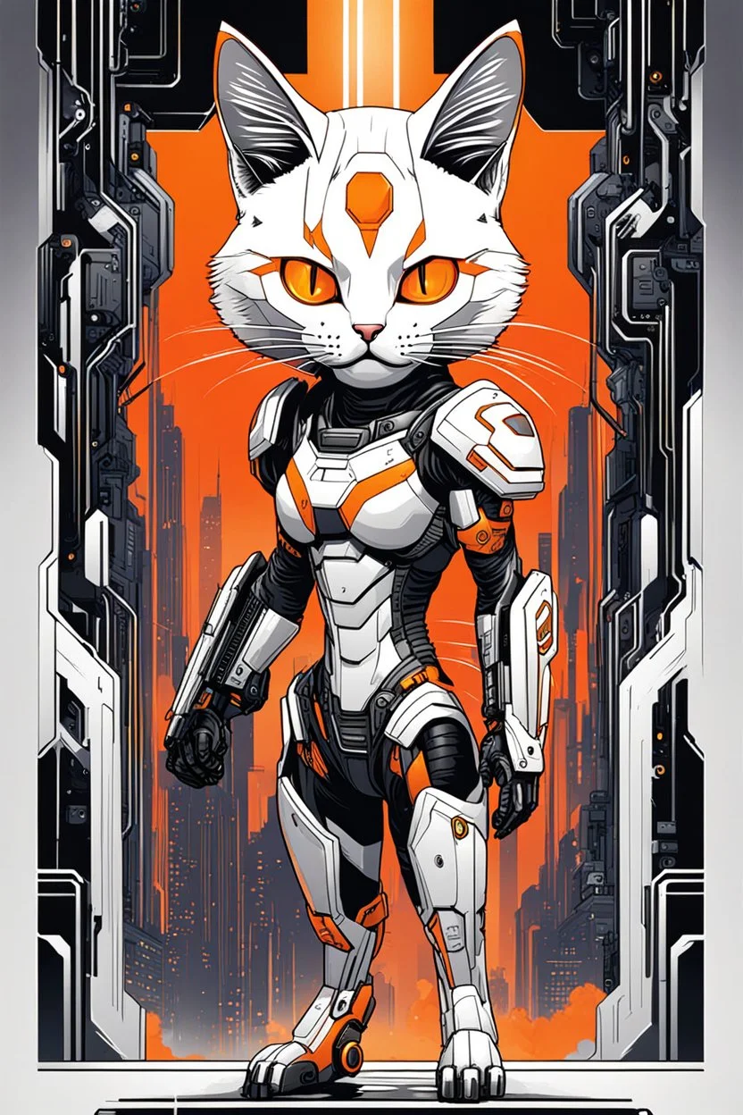 Ilustración cómic lineal de cat cyberpunk color blanco anaranjado y negro full body