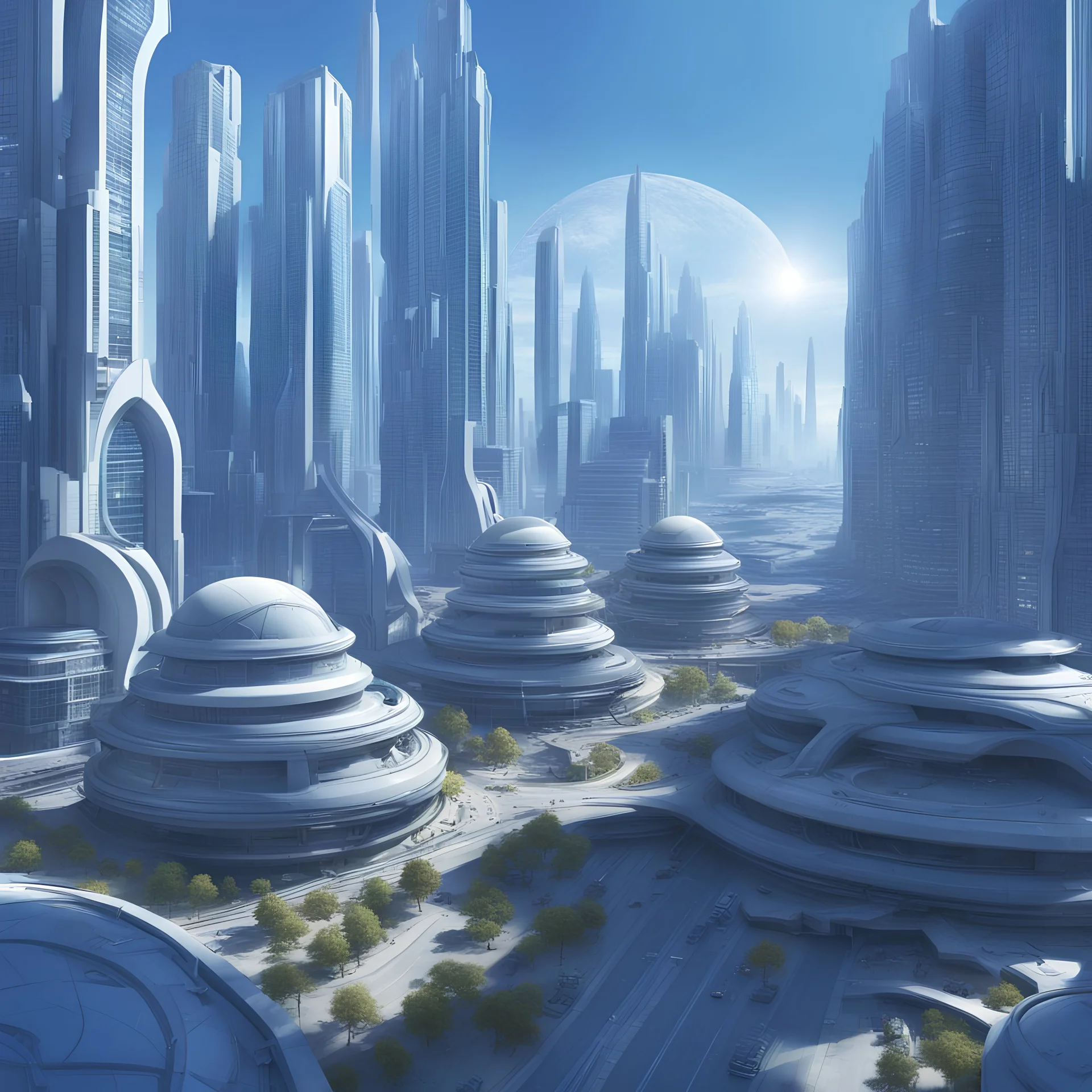 Science fiction city, highly detailed, sunny, blue, modern looking, clean, sharp, high definition