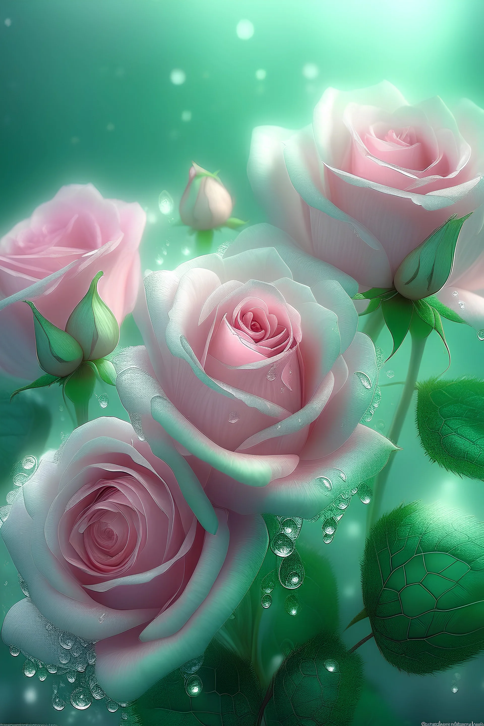 magic delicate pink-mint lush bouquet of roses, complex, amazing, magical delicate, mint color, sparkling dew drops, dawn, magically, in pastel transparent tones, hyperrealistic, beautiful lumen, shine, professional photo, 5d, realistic, 64k, high resolution, high detail, cgi, hyperrealism, f/16.1/300s, highly detailed digital painting, bright and juicy, photorealistic painting, solar backlight in the background, bright lighting, aesthetically pleasing, beautiful