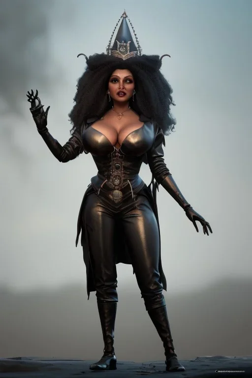 Pam Grier as evil queen in black leather, leather, busty, cleavage, angry, stern look. character design by cory loftis, fenghua zhong, ryohei hase, ismail inceoglu and ruan jia. unreal engine 5, artistic lighting, highly detailed, photorealistic, fantasy