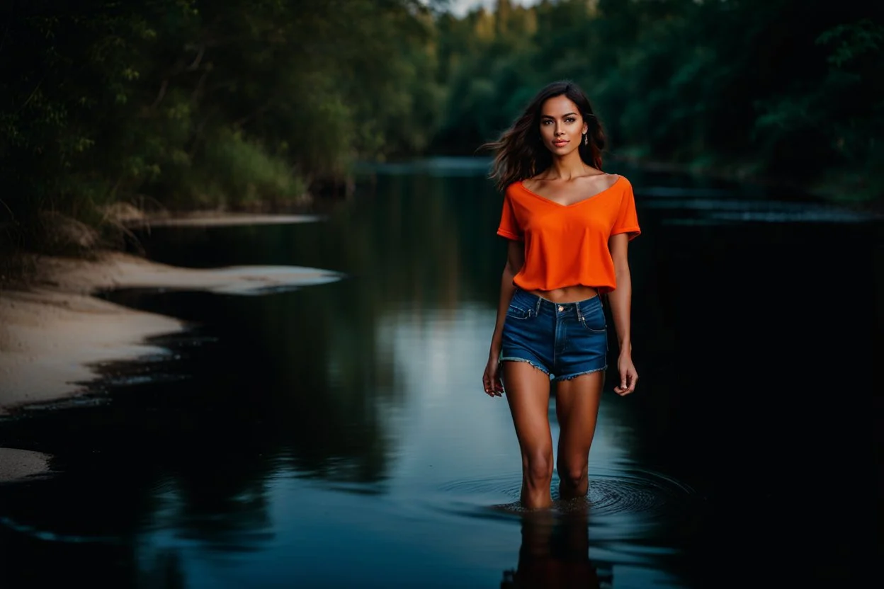 beautiful girl in blue short and orange top walking in water toward camera in trees next to wavy river with clear water and nice sands in floor.camera capture from her full body front