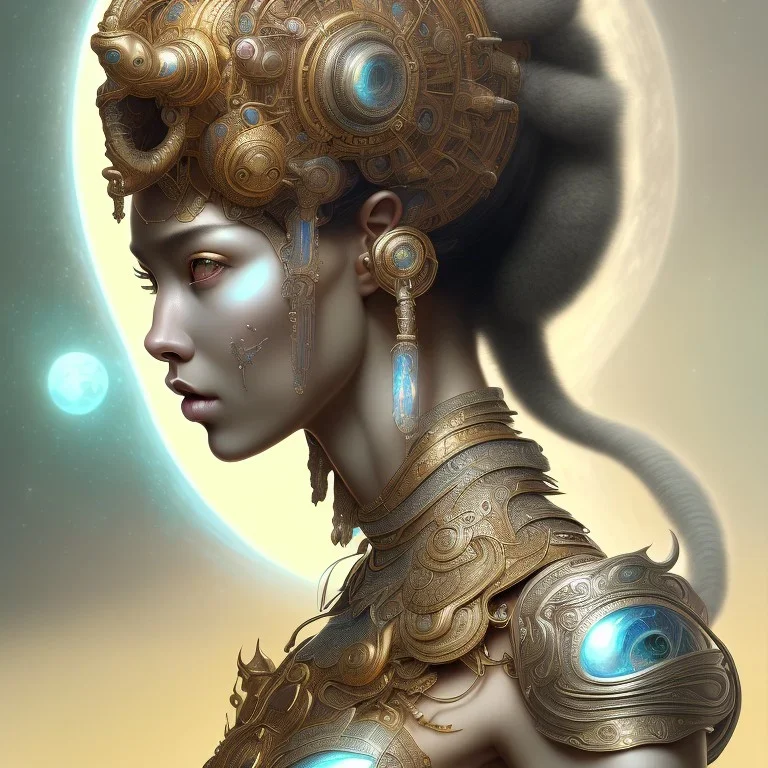 ssango fantasy, fantasy magic, intricate, sharp focus, illustration, highly detailed, digital painting, concept art, matte, artgerm and paul lewin and kehinde wiley, masterpiece silver elephant head bronze Asian African girl nice breast Afo hair turquoise sun moon waves